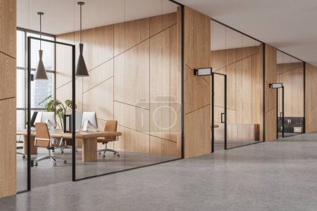Photo for Modern coworking interior with office armchairs, side view grey concrete floor. Office hallway and glass business room with technology. Panoramic window on skyscrapers. 3D rendering - Royalty Free Image