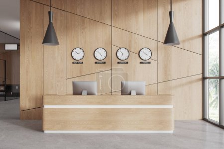 Photo for Wooden reception room interior with desk and two computers, clocks on the wooden wall partition. Office entrance with office desk, grey concrete floor and window on tropics view. 3D rendering - Royalty Free Image