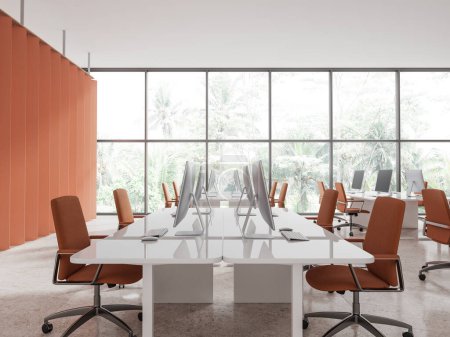 Photo for Interior of modern office with orange walls, tiled floor, white computer tables with orange chairs standing near panoramic window with tropical view. 3d rendering - Royalty Free Image