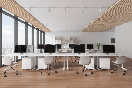 Photo for Interior of modern open space office with white walls, wooden floor, row of white computer desks with chairs and bookcase with folders standing near panoramic window. 3d rendering - Royalty Free Image