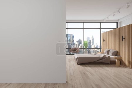 Photo for Interior of modern bedroom with white and wooden walls, wooden floor, comfortable king size bed with beige blanket, cozy beige armchair and mock up wall on the left. 3d rendering - Royalty Free Image