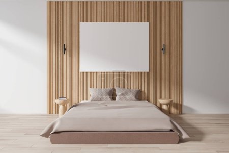 Foto de Acogedora cama interior dormitorio y mesita de noche con decoración, suelo de madera. Elegante sala de dormir de madera y blanco con el póster de lona simulada. Renderizado 3D - Imagen libre de derechos
