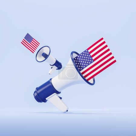 Foto de Vista de dos megáfonos con banderas de EE.UU. sobre fondo azul. Concepto de elección americana, votación y campaña política. renderizado 3d - Imagen libre de derechos