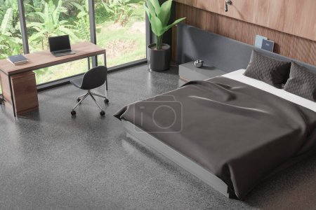 Photo for Top view of dark hotel bedroom interior bed and workplace, laptop with chair and desk on grey granite floor. Modern relax and work room with panoramic window on tropics. 3D rendering - Royalty Free Image