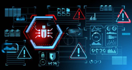 Photo for Glowing bug icon detection, confidential information protection and online database with indicators and statistics. Concept of business privacy and antivirus. 3D rendering illustration - Royalty Free Image
