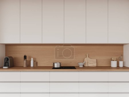 Téléchargez les photos : Élégant intérieur de cuisine maison avec cuisinière et casserole, cafetière avec ustensiles de cuisine et étagères blanches. Espace de cuisine de luxe, armoire dans un appartement moderne. rendu 3D - en image libre de droit