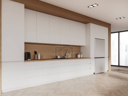Téléchargez les photos : Coin de cuisine moderne avec murs blancs et en bois, plancher en bois, placards blancs confortables et armoires avec cuisinière intégrée et grand réfrigérateur debout près de la fenêtre. Rendu 3d - en image libre de droit