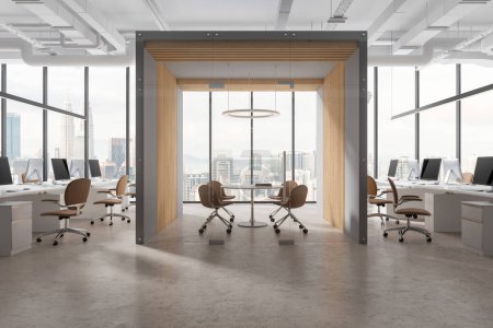 Foto de Interior del loft de oficina blanco con sala de reuniones de vidrio centrada, espacio de coworking con computadoras PC en el escritorio y sillas en fila. Ventana panorámica de los rascacielos Kuala Lumpur. Renderizado 3D - Imagen libre de derechos