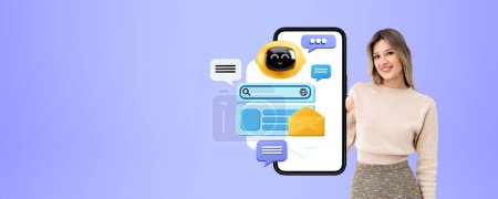 Photo for Woman showing smartphone with mock up empty screen, robot communication icons with text speech bubbles flying. Concept of virtual assistant and search bar. Copy space - Royalty Free Image