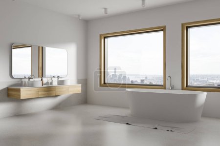 Téléchargez les photos : Intérieur de la salle de bain de l'hôtel blanc avec double lavabo et vanité, baignoire avec vue latérale et accessoires élégants. Deux lavabos et une fenêtre panoramique sur les gratte-ciel de New York. rendu 3D - en image libre de droit