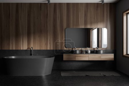 Photo for Dark home bathroom interior with double sink and bathtub, stylish accessories on vanity. Two washbasins and panoramic window on Paris skyscrapers. Copy space wall. 3D rendering - Royalty Free Image