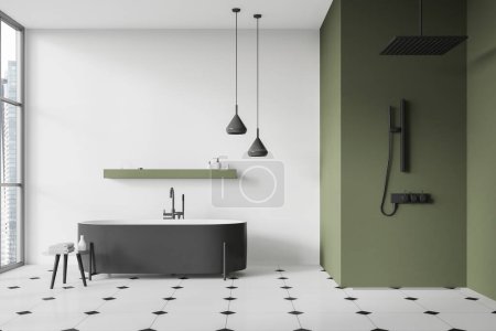Photo for Interior of stylish bathroom with white and green walls, tiled floor, comfortable gray bathtub standing near window and cozy green walk in shower. 3d rendering - Royalty Free Image
