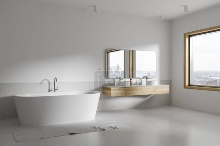Photo for Corner of stylish bathroom with white walls, concrete floor, comfortable white bathtub standing near window and cozy double sink with horizontal mirror. 3d rendering - Royalty Free Image