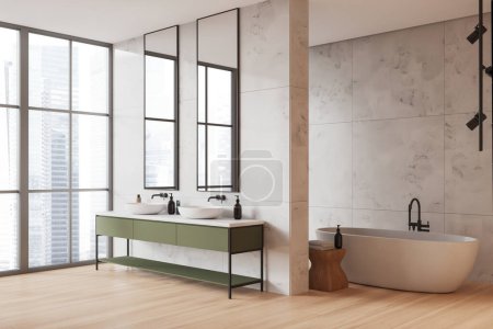 Photo for Corner of modern bathroom with white marble walls, wooden floor, comfortable white bathtub and double sink with two vertical mirrors standing on green cabinet. 3d rendering - Royalty Free Image