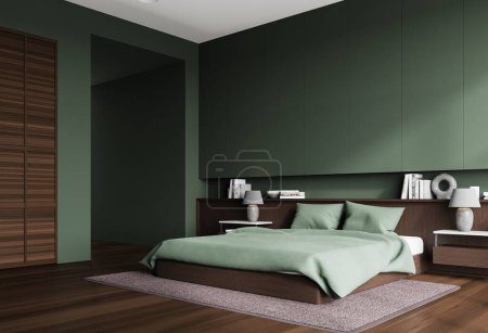 Photo for Corner of stylish bedroom with green walls, dark wooden floor, comfortable king size bed with green blanket and dark wooden wardrobe. 3d rendering - Royalty Free Image