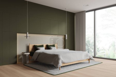 Photo for Modern hotel bedroom interior with bed and nightstand with decoration, side view hardwood floor. Sleeping corner in stylish studio apartment with panoramic window. 3D rendering - Royalty Free Image