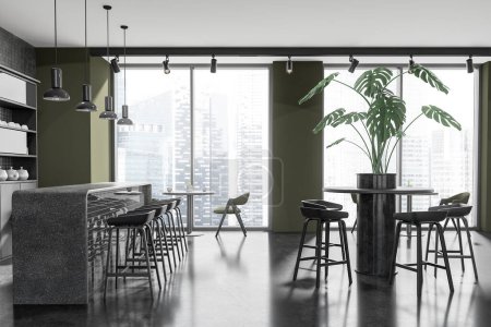Téléchargez les photos : Intérieur café vert foncé avec comptoir de bar en pierre et table à manger avec plante, fenêtre panoramique sur les gratte-ciel de Singapour. Espace repas moderne avec mobilier minimaliste. rendu 3D - en image libre de droit