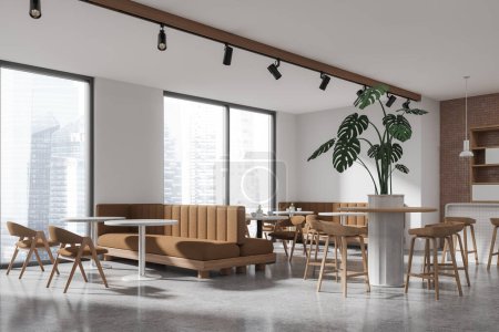 Photo for Corner of modern restaurant with white and beige tiled walls, concrete floor, cozy white bar counter with stools, round tables with beige chairs and comfortable sofa. 3d rendering - Royalty Free Image