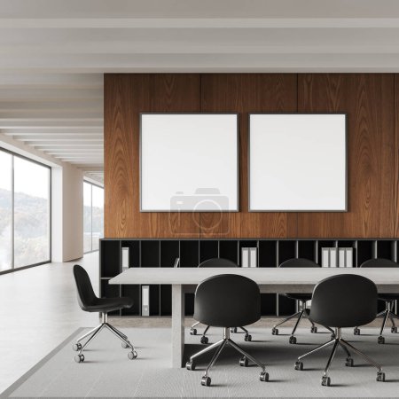 Foto de Interior de la moderna sala de reuniones de oficina con paredes blancas y de madera, mesa de conferencias larga y blanca con sillas, estanterías con carpetas y dos carteles cuadrados simulados colgando por encima de ellos. renderizado 3d - Imagen libre de derechos