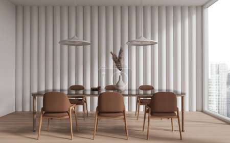 Téléchargez les photos : Intérieur de la salle à manger blanche avec table et chaises brunes, parquet. Élégant salon ou salle de réunion avec fenêtre panoramique sur les gratte-ciel. rendu 3D - en image libre de droit