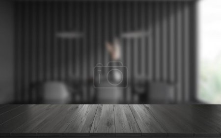 Téléchargez les photos : Bureau en bois noir vide, intérieur sombre de la salle à manger avec chaises et table sur fond flou, fenêtre panoramique. Espace de copie de maquette pour l'affichage du produit. rendu 3D - en image libre de droit