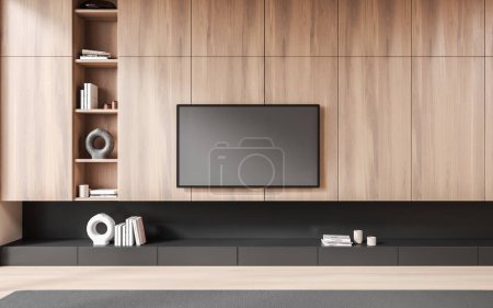Téléchargez les photos : Intérieur du salon moderne avec murs gris et bois, sol en bois, télévision à écran plat moderne suspendue au mur et étagères en bois à proximité. Rendu 3d - en image libre de droit