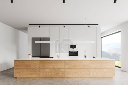 Photo for White home kitchen interior with long bar counter, stove and sink. Cozy cooking cabinet with refrigerator, kitchenware and panoramic window on countryside. 3D rendering - Royalty Free Image