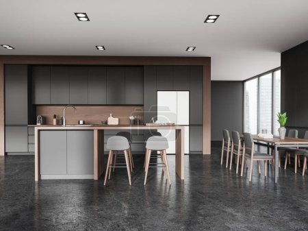 Foto de Interior de la cocina de casa oscura con barra de bar y elegante diseño del gabinete, nevera y mesa de comedor con sillas, ventana panorámica en los rascacielos. Renderizado 3D - Imagen libre de derechos