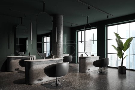Téléchargez les photos : Intérieur salon de coiffure sombre avec fauteuils gris et commode en pierre en rangée, colonne vue latérale au centre de la pièce. Fenêtre panoramique sur les gratte-ciel de Singapour. rendu 3D - en image libre de droit