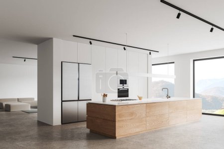 Photo for White home kitchen interior with bar island, side view chill corner behind partition. Cooking cabinet with fridge and oven, elegant apartment with panoramic window. 3D rendering - Royalty Free Image