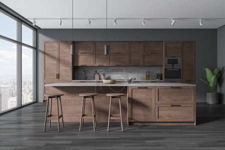 Photo for Dark home kitchen interior with bar counter and cabinet, stool in row and modern kitchenware with oven mounted. Panoramic window on New York city view. 3D rendering - Royalty Free Image