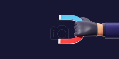 Photo for View of cartoon thief man hand in black glove holding magnet over dark blue copy space background. Concept of crime, theft and illegal activity. 3d rendering - Royalty Free Image