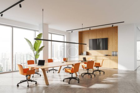 Photo for Cozy conference interior with chairs and board, side view tv screen with sideboard. Stylish meeting or work corner with panoramic window on Kuala Lumpur. 3D rendering - Royalty Free Image