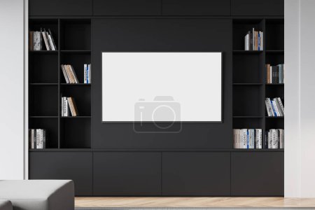 Photo for Stylish home living room interior with tv console, lounge zone with shelf and books with art decoration on hardwood floor. Mock up blank tv display. 3D rendering - Royalty Free Image