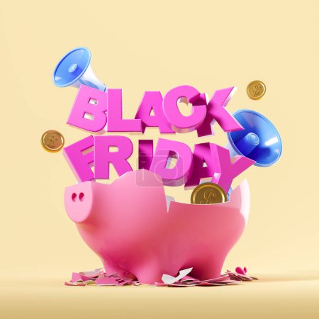 Photo for Broken piggy bank for black friday sale, pink letters with large megaphone and coins falling. Concept of online shopping, discount and purchase. 3D rendering illustration - Royalty Free Image