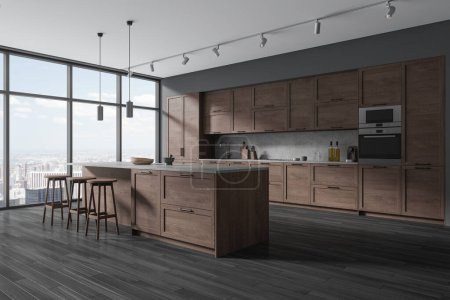 Photo for Modern home kitchen interior with bar counter and cooking cabinet, side view stool and modern kitchenware with oven mounted. Panoramic window on New York city view. 3D rendering - Royalty Free Image