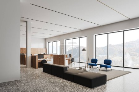 Foto de Interior de la moderna sala de espera de oficina con paredes blancas, suelo de hormigón, cómodo sofá gris, dos sillones azules, mesa de centro cuadrada y área de espacio abierto en el fondo. renderizado 3d - Imagen libre de derechos