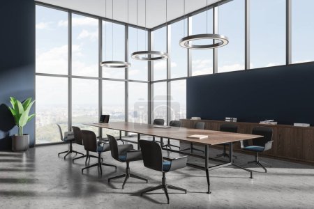 Photo for Dark meeting interior with armchairs and conference board, side view office sideboard with decoration. Ceo negotiation corner with panoramic window on New York. 3D rendering - Royalty Free Image
