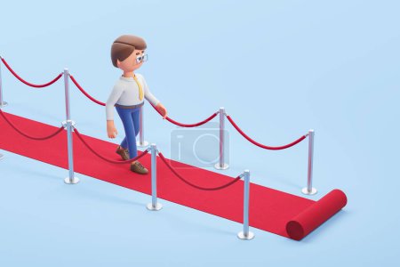 Foto de Vista del hombre de negocios de dibujos animados caminando sobre una alfombra roja sobre un fondo azul. Concepto de camino al éxito y al reconocimiento profesional. renderizado 3d - Imagen libre de derechos