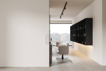 Photo for Cozy salon interior with armchairs and shelf with cosmetics, mock up copy space wall partition. Beauty care room design with panoramic window on countryside. 3D rendering - Royalty Free Image