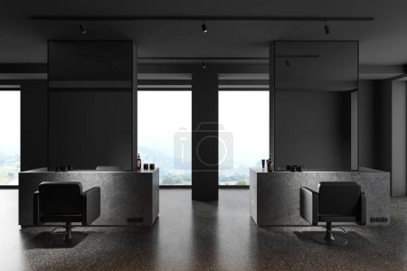Photo for Dark barber shop interior with tall mirrors, grey granite floor. Stone dresser with accessories and black leather armchairs in row, panoramic window on countryside. 3D rendering - Royalty Free Image
