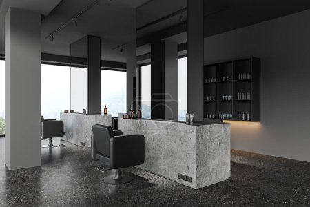 Photo for Dark salon interior with armchairs and stone counter, side view mirrors and panoramic window on countryside. Beauty care space with shelf and cosmetics. 3D rendering - Royalty Free Image
