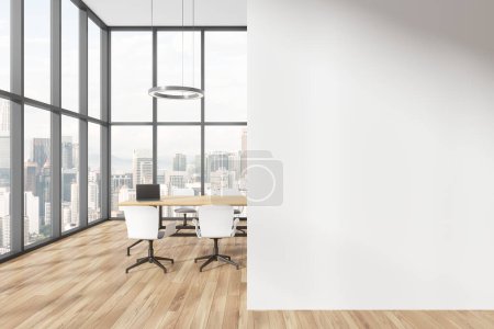 Photo for White office interior with chairs and meeting board, hardwood paneling floor. Conference or negotiation room with panoramic window on Kuala Lumpur. Mockup copy space wall. 3D rendering - Royalty Free Image