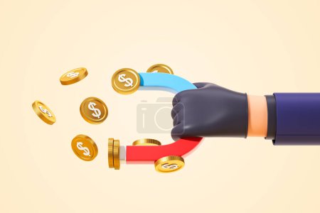 Foto de Vista de la mano de ladrón de dibujos animados en guante negro con imán que atrae monedas de dólar sobre fondo amarillo. Concepto de robo, fraude y actividad ilegal. renderizado 3d - Imagen libre de derechos