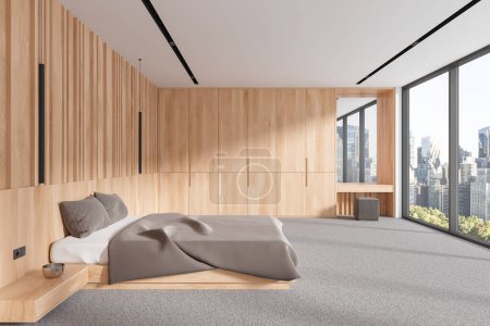 Téléchargez les photos : Intérieur de chambre d'hôtel en bois avec lit et coiffeuse, chambre à coucher et fenêtre panoramique sur les gratte-ciel de New York. Siège doux et miroir, tapis sur le sol. rendu 3D - en image libre de droit
