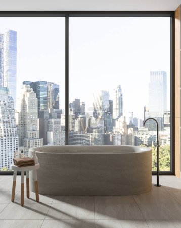 Téléchargez les photos : Élégant intérieur de la salle de bain de l'hôtel avec baignoire en pierre et table d'appoint, mélangeur monté et accessoires. Zone spa près de la fenêtre panoramique sur les gratte-ciel de New York. rendu 3D - en image libre de droit