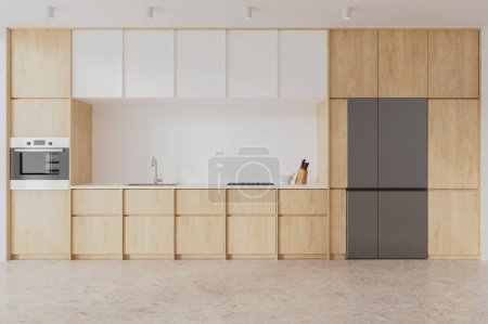 Photo for Interior of stylish kitchen with white walls, concrete floor, cozy white cupboards, wooden cabinets with built in cooker, sink and oven and big fridge. 3d rendering - Royalty Free Image