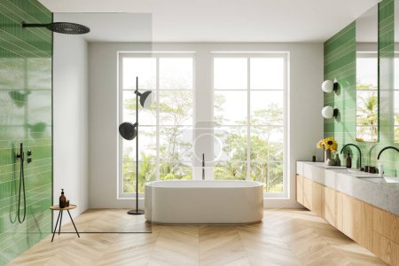 Photo for Green and white hotel bathroom interior with bathtub, shower with glass partition, double sink with accessories and decoration. Panoramic window on tropics. 3D rendering - Royalty Free Image