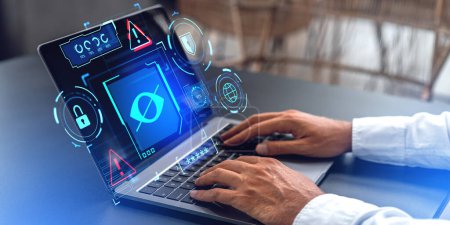 Photo for Man hands typing on laptop, virtual screen with sensitive content warning hologram hud. Crossed eye, padlock and hidden password. Concept of explicit media and attention - Royalty Free Image
