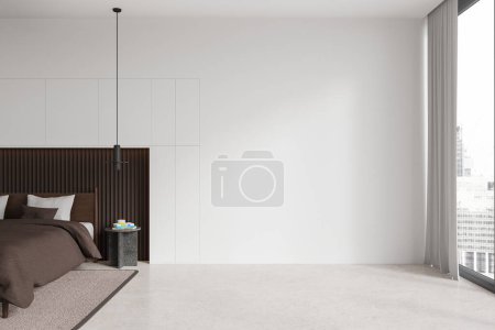Photo for Interior of modern bedroom with white walls, concrete floor, comfortable king size bed with brown blanket, cozy round bedside table and copy space wall on the right. 3d rendering - Royalty Free Image